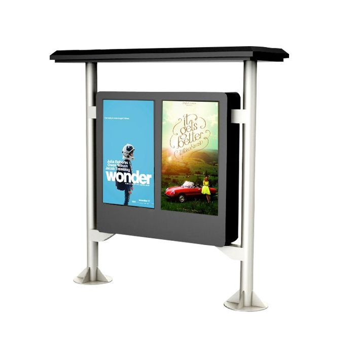 Totem interactivo para exteriores de 65 pulgadas con marquesina. IP65, antirreflectante e impermeable