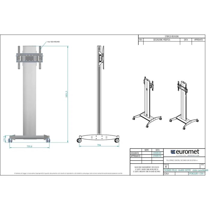 Slide Cart, supporto per schermi fino a 75” con ruote, nero