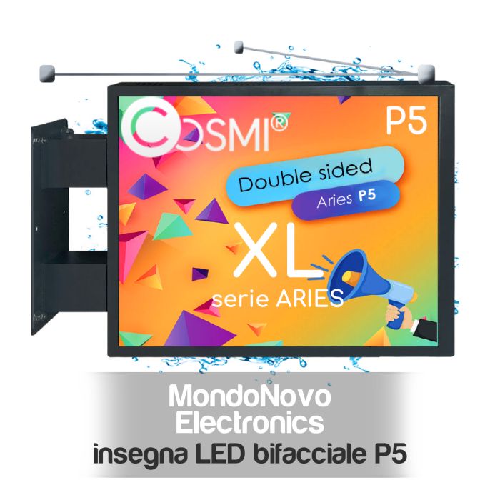 Insegna LED bifacciale a bandiera ARIES XL P5 a colori outdoor programmabile IP65 134x86 cm COSMI