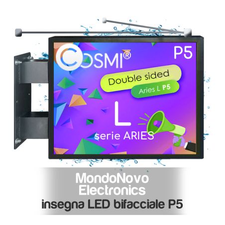 Insegna LED bifacciale a bandiera ARIES L P5 outdoor a colori programmabile IP65  102x70 cm COSMI