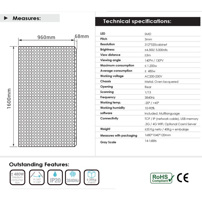 Cosmi P3 Full Color LED Display for showcases 960×1600 mm, 5,000 nits