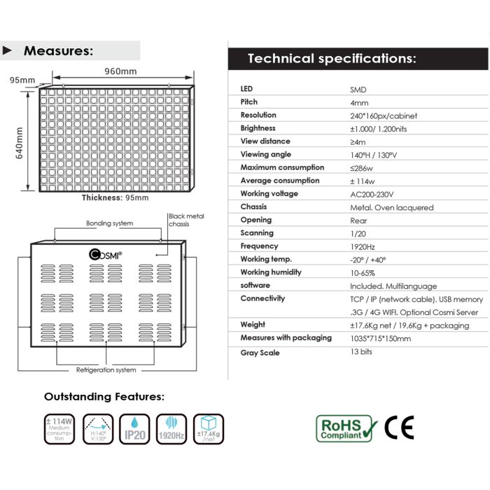 Display LED P4 Cosmi indoor 96x64 cm 1200 nits IP20 | MondoNovoShop
