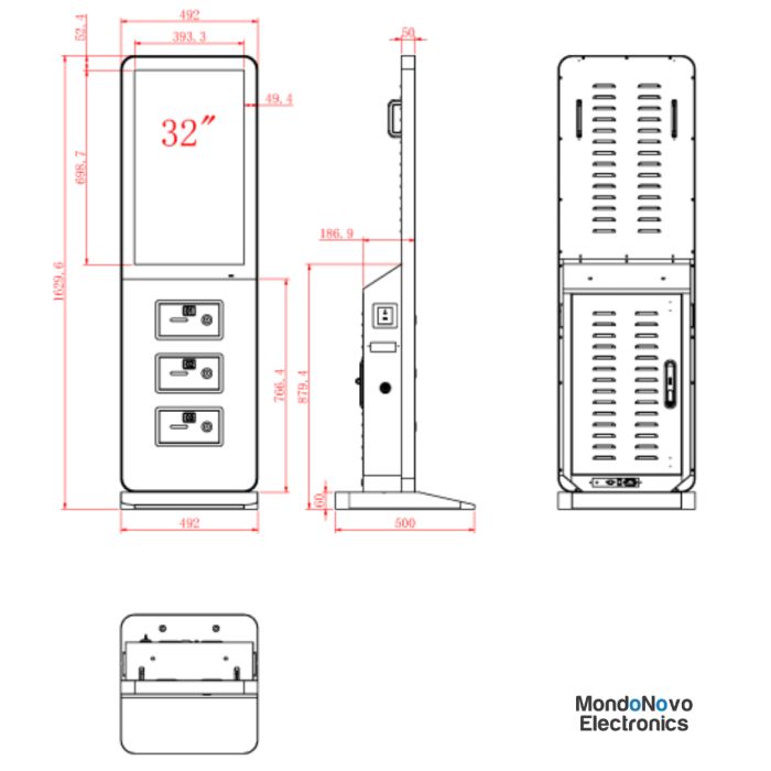 Tótem PCAP con pantalla táctil de 32" y caja de 3 USB para carga de smartphone OS Android 11