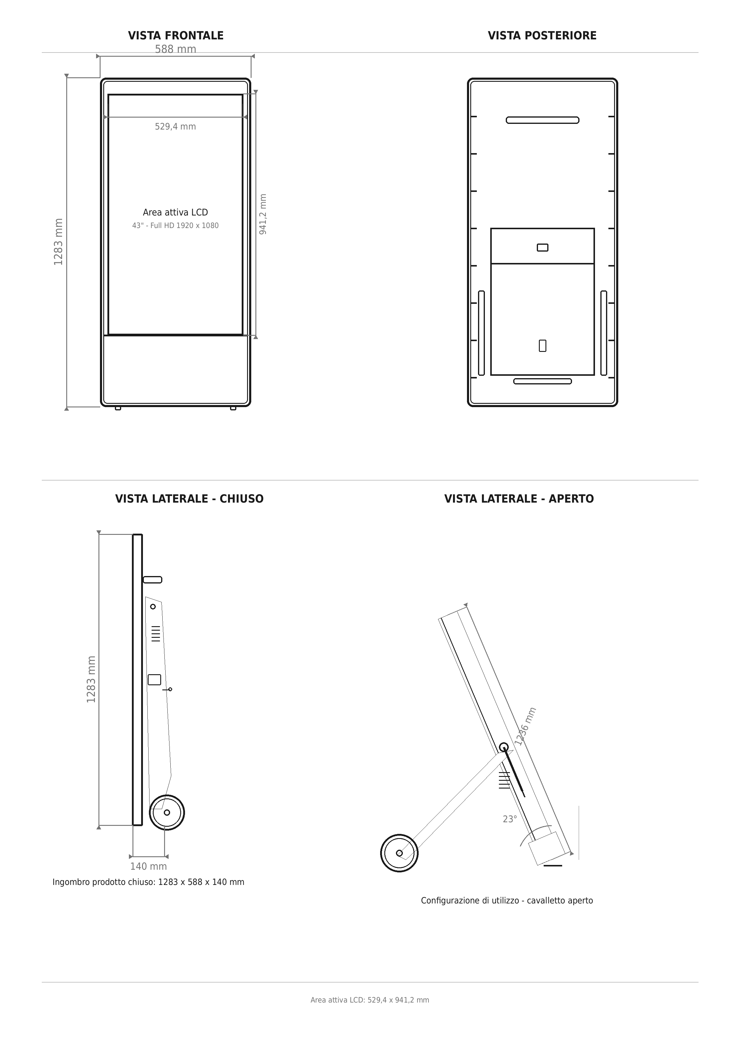 Disegno quotato del Cavalletto Digitale Outdoor a Batteria 43 pollici MN000794