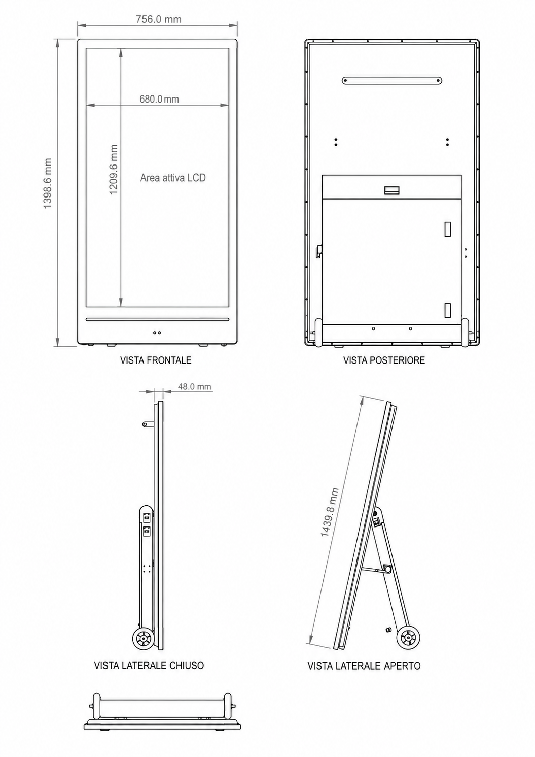 Disegno quotato del Cavalletto Digitale Outdoor a Batteria 55 pollici MN000795