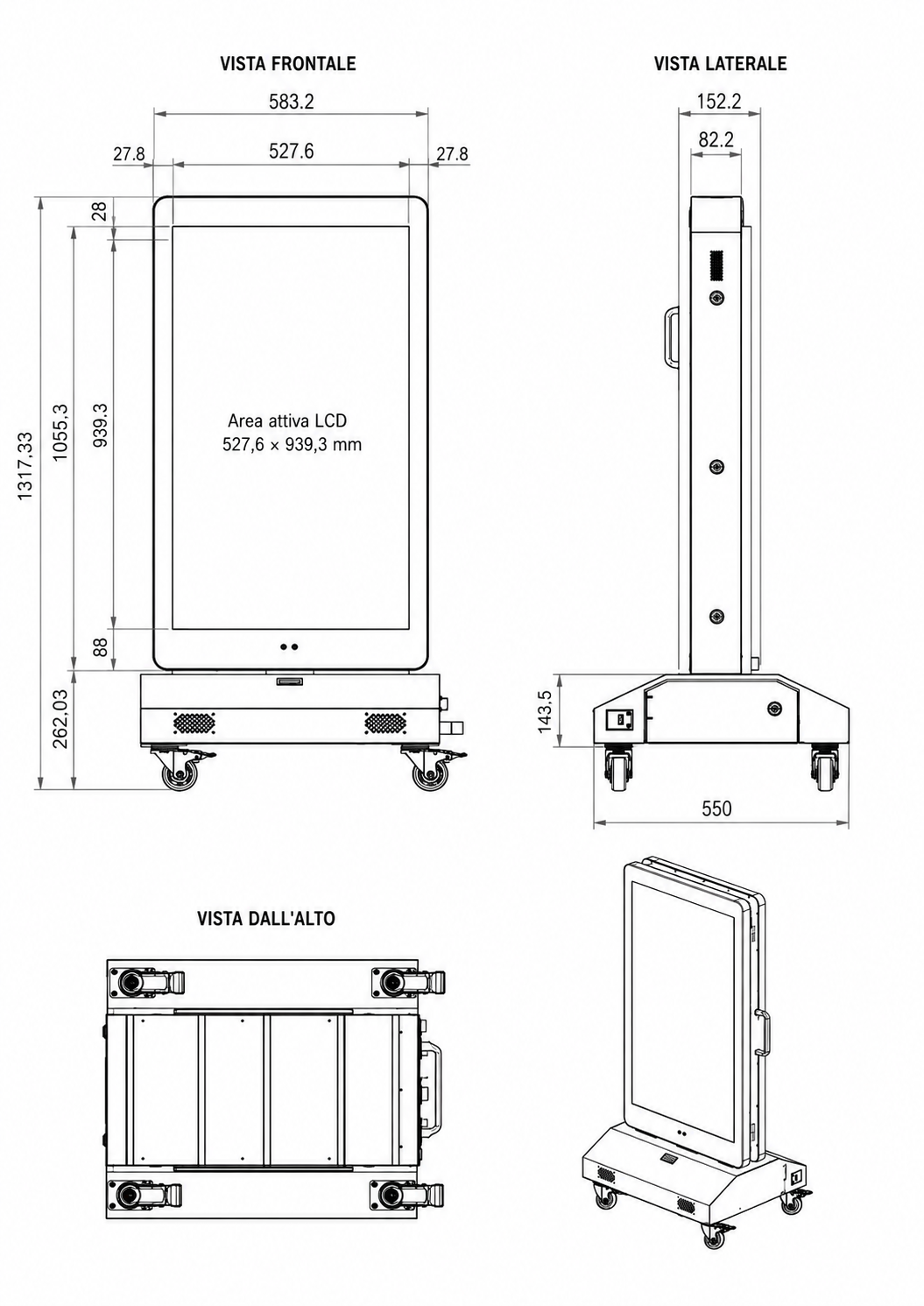Disegno quotato del Cavalletto Digitale Outdoor a Batteria 43 pollici MN000794